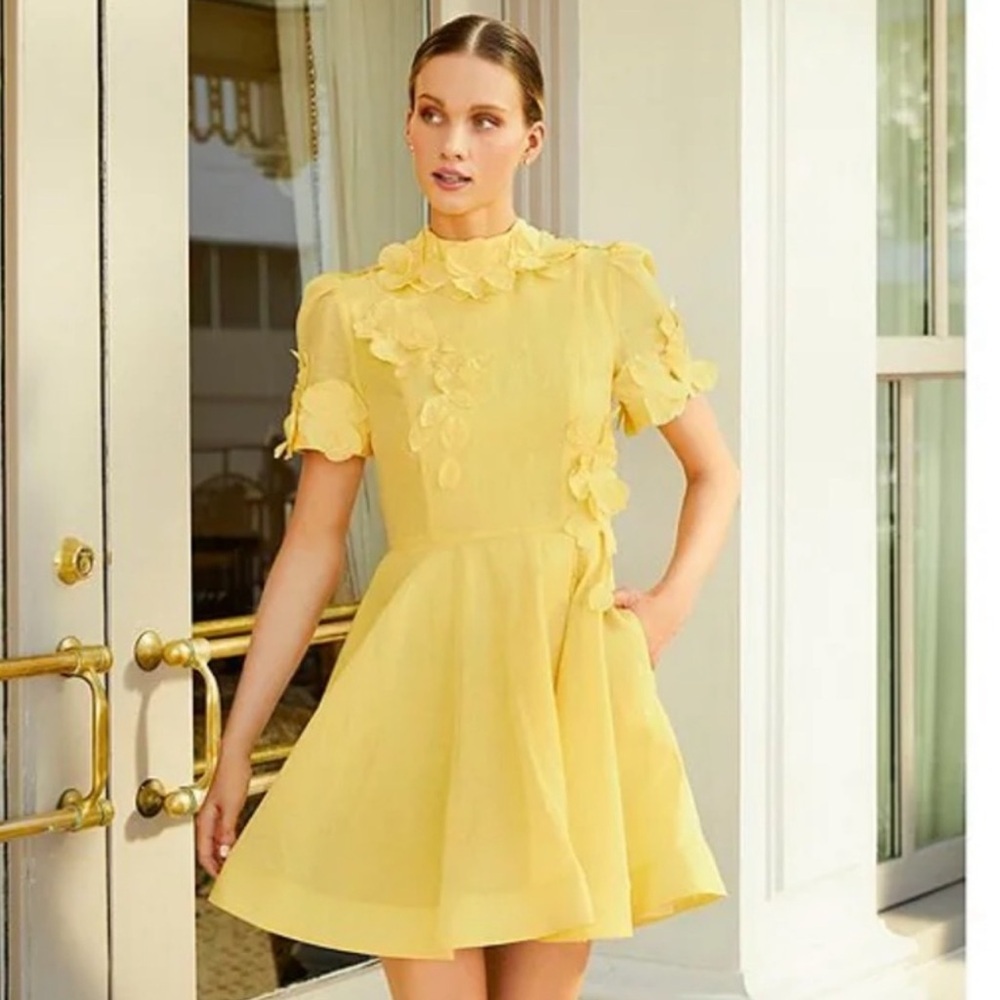 Antonio Melani Iris Linen Blend Floral Appliqué Mockneck Dress Sunshine Yellow - Picture 2 of 16